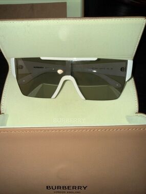 Burberry Men’s White Shield Sunglasses with Gray Lenses